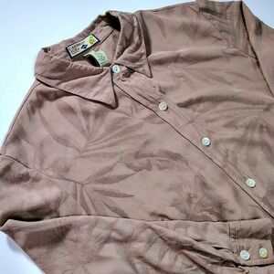 Caribbean Joe Petite Let Go Brown Leaf Pattern Silk Rayon Button Down Shirt